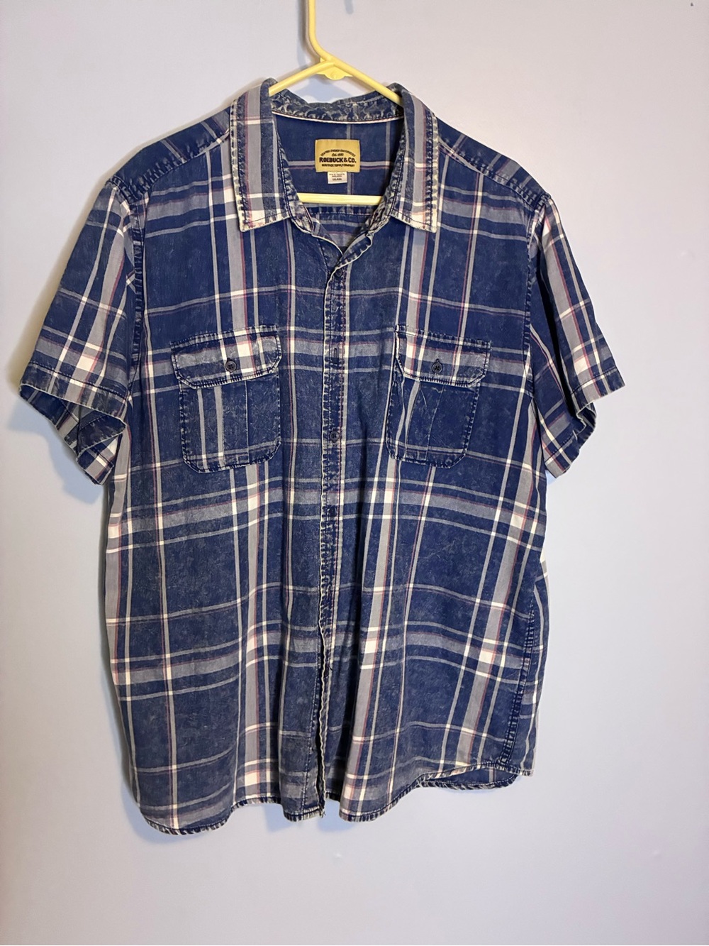 Wrangler Distressed Blue Plaid Short-Sleeve Button-Down Shirt
